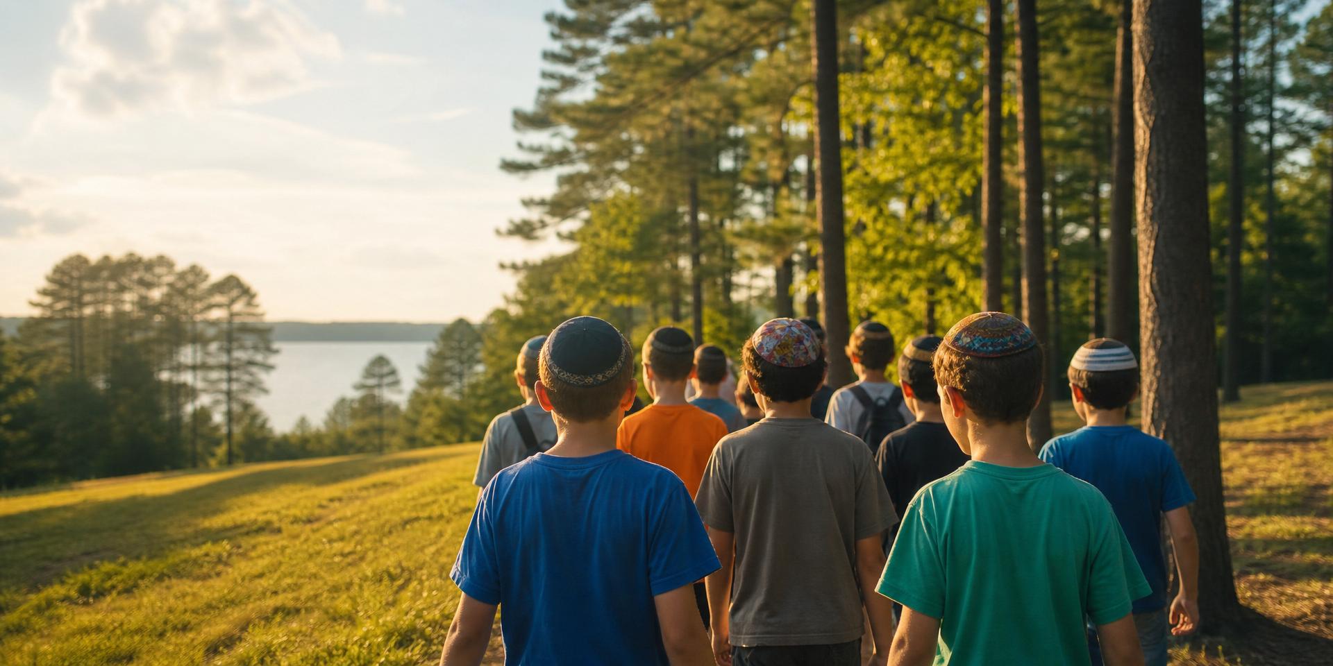 Campers walking toward the lake at sunset