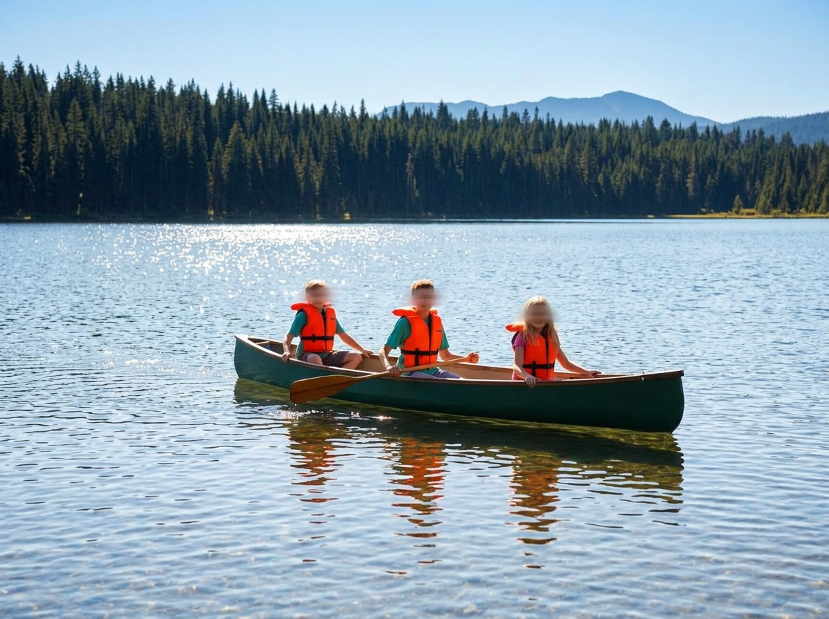 Canoeing on a sunny lake with life vests